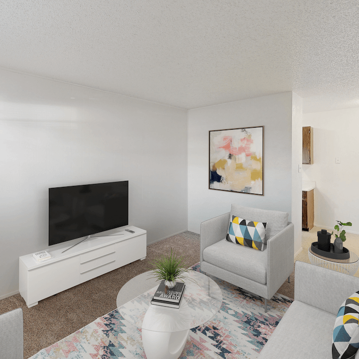 TPTX-3 living area with carpeted floors at apartment community in Lubbock